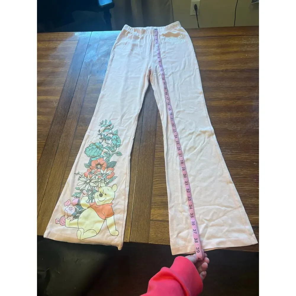 Disney Winnie The Pooh Girls Pink Flare Pants Bell Bottoms Floral Piglet Small